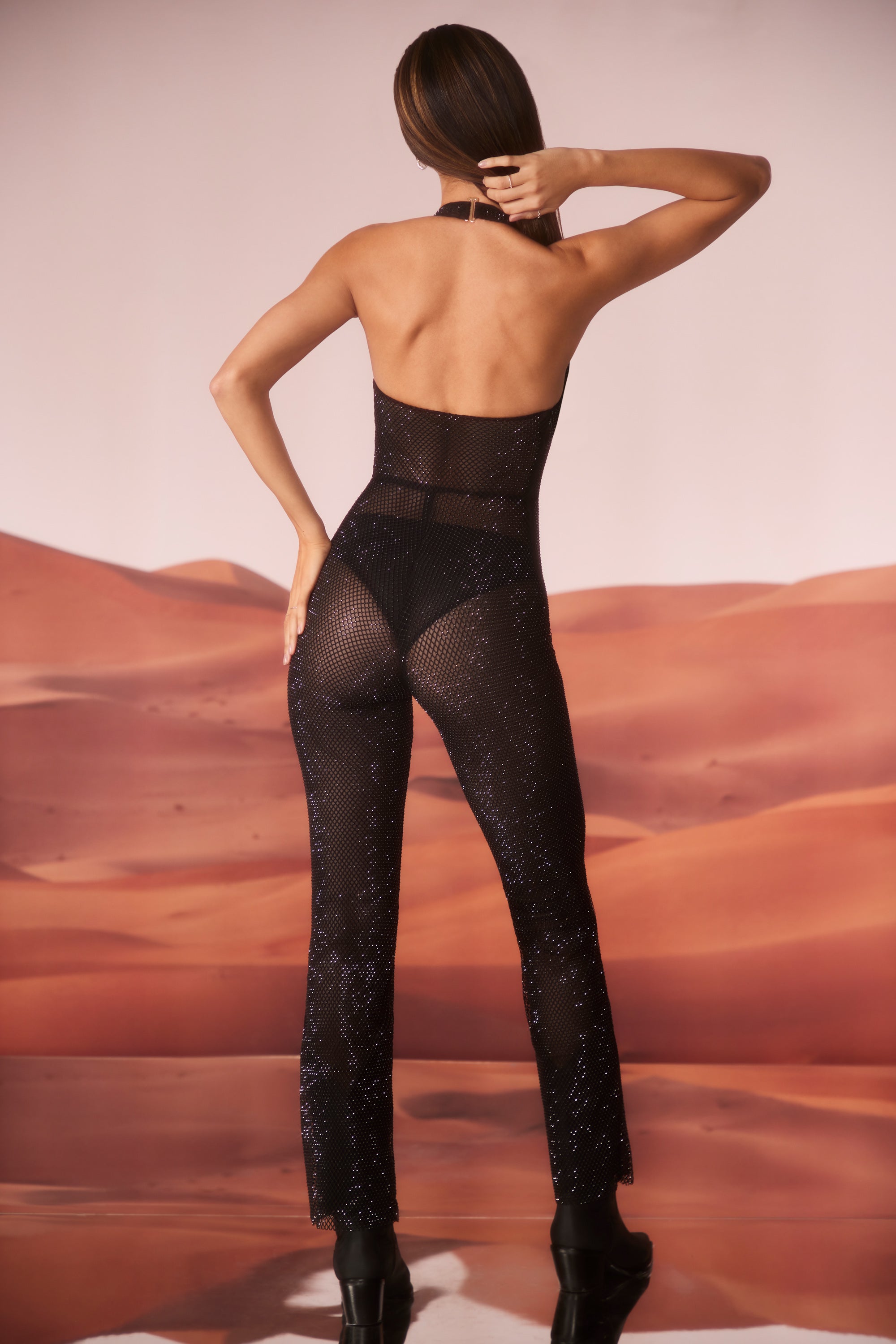 Embellished Plunge Neck Jumpsuit in Black