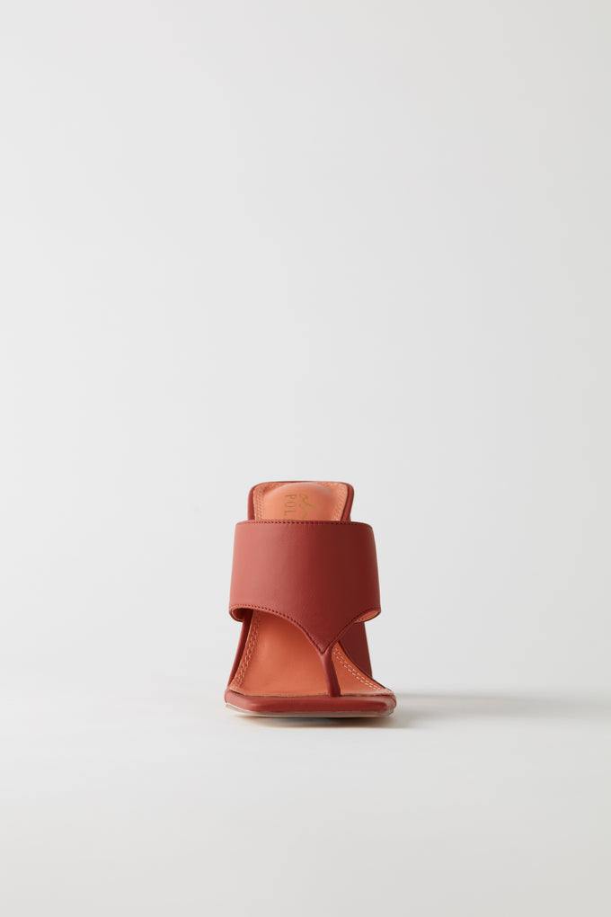 Toe Post Leatherette Mule Heels in Terracotta